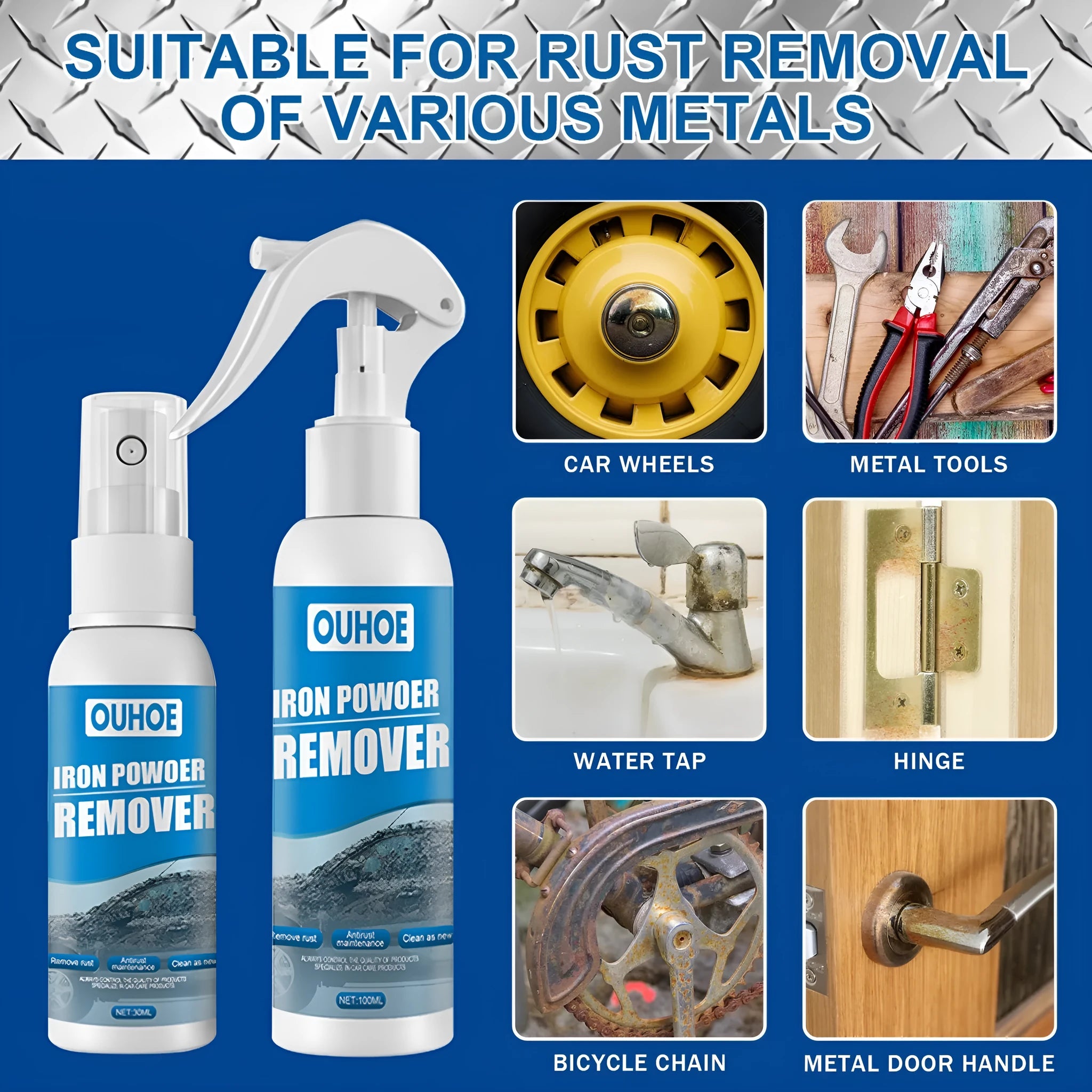 Automotive iron powder rust remover spray bottle with blue sponge and towel for car cleaning