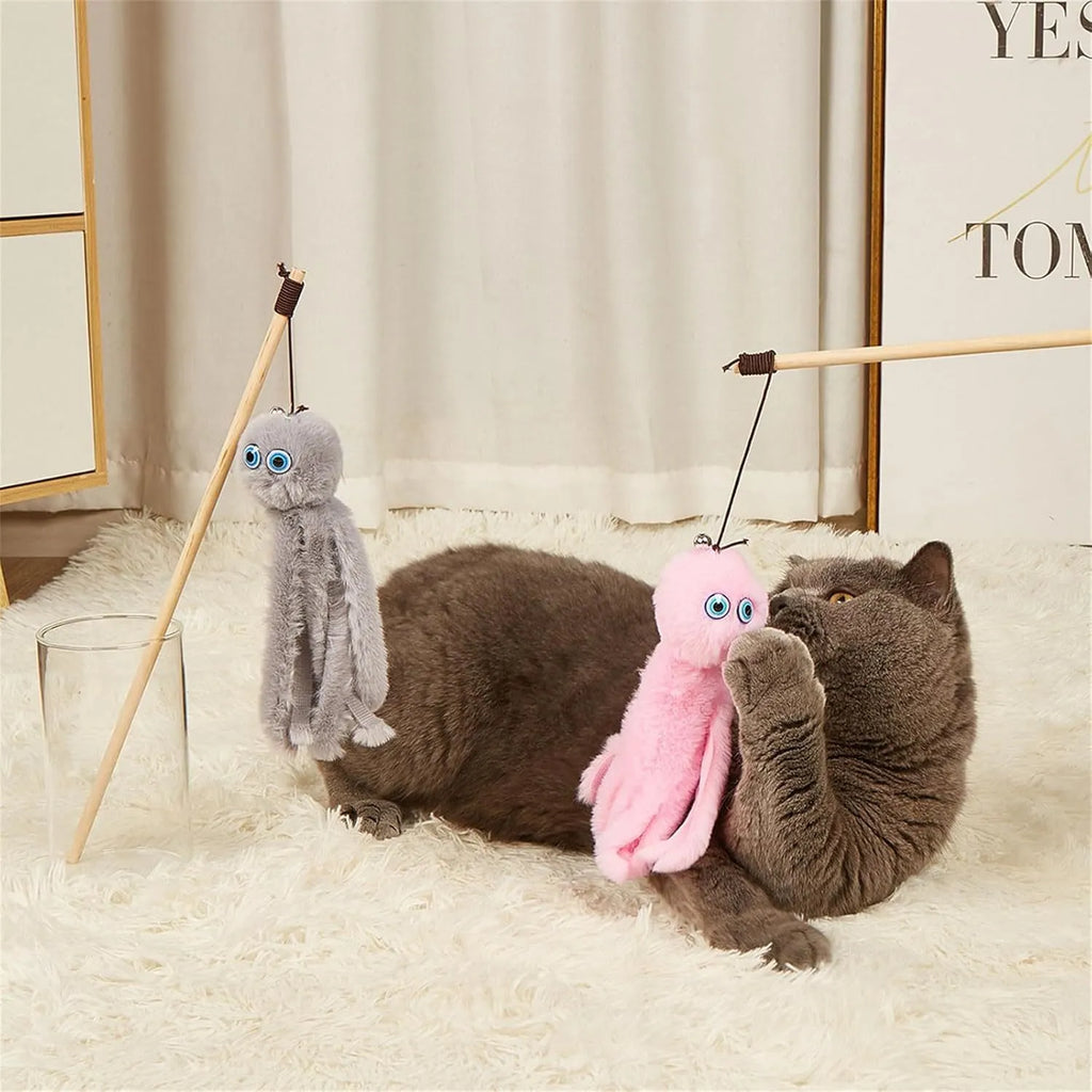 Octopus-themed cat toy with long handle in bright colours for indoor pet play