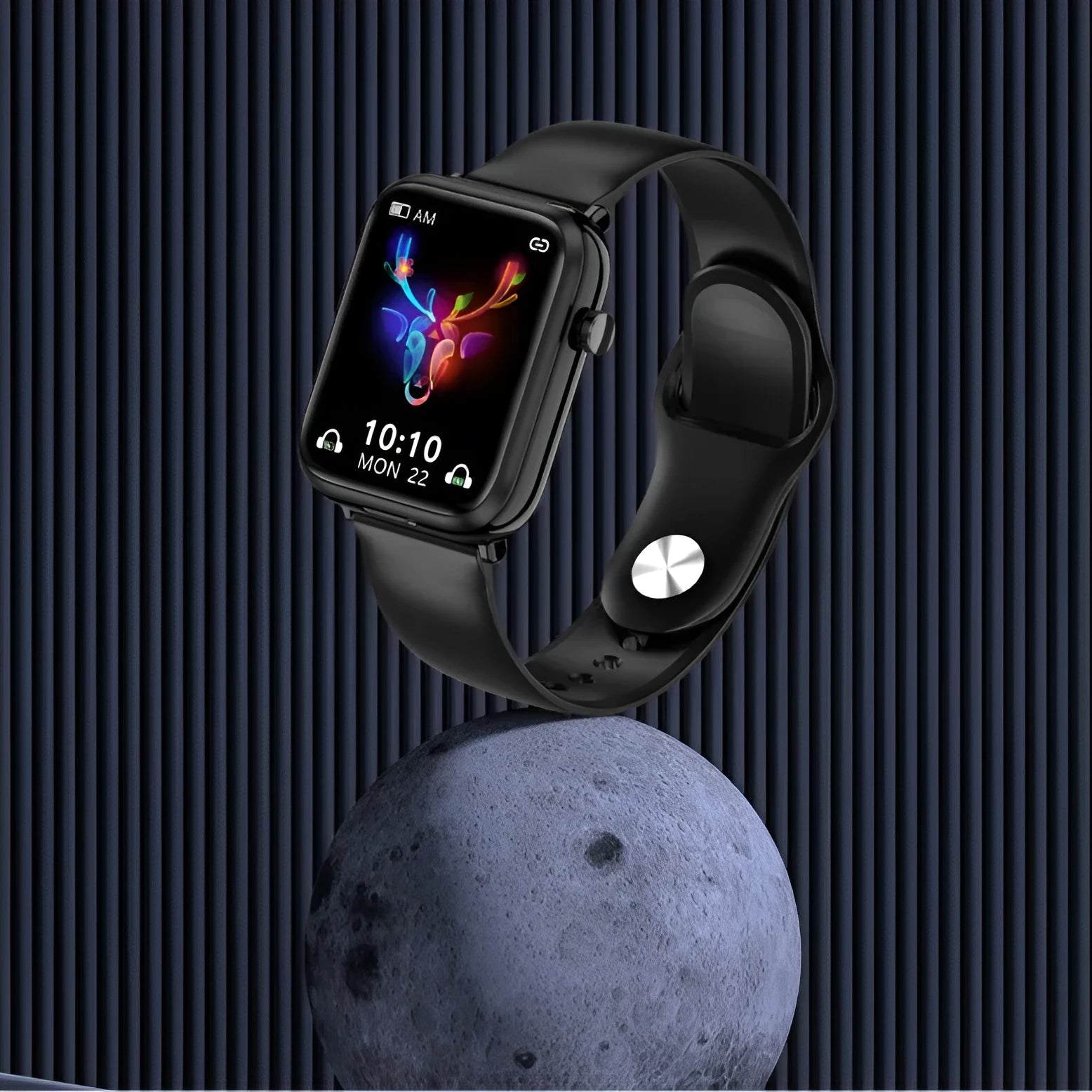 Black smart watch with integrated Bluetooth earbuds showing 1.69 inch touch screen display