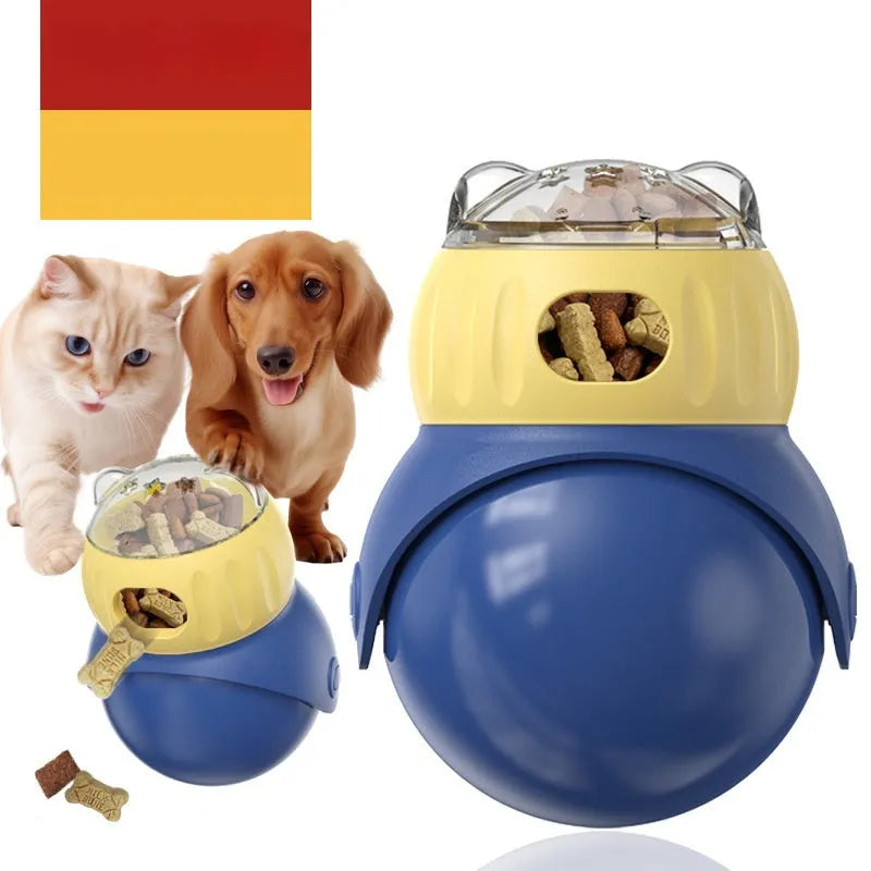 Yellow and blue owl-shaped tumbler puzzle feeder for cats with sliding ball treat mechanism