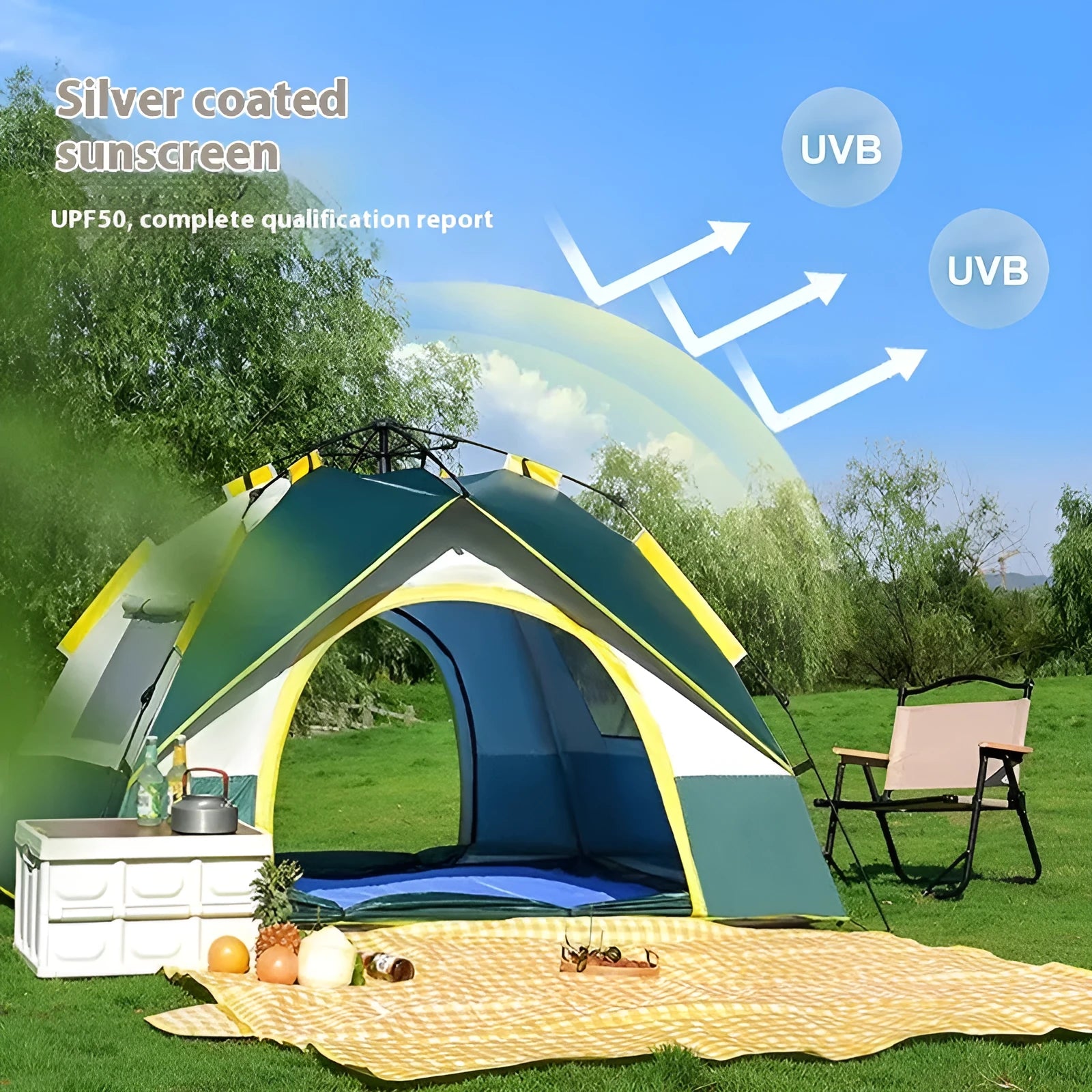 Dark green automatic camping tent for 3-4 people with silver tape coating and quick opening system