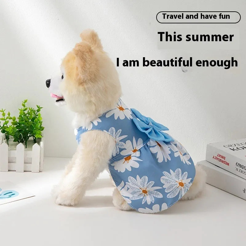 Ultra-thin polyester pet dress with floral butterfly knot decoration in princess style