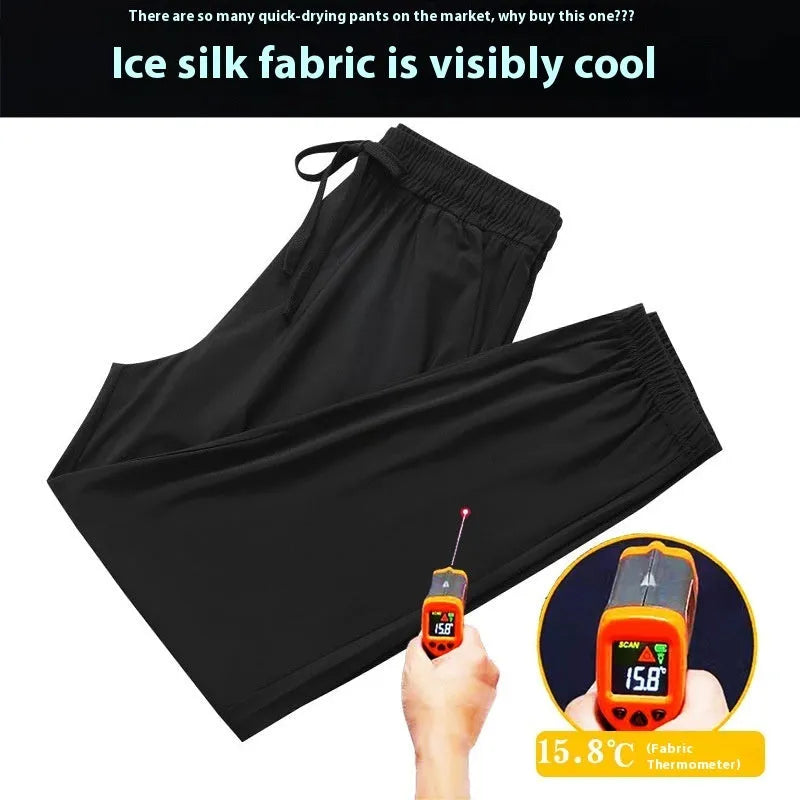 Men's black ice silk loose ankle-tied quick-dry pants for running and outdoor sports