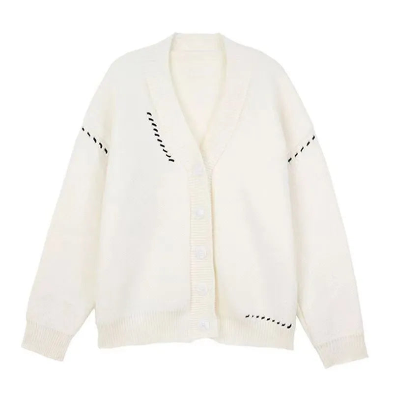 Women's loose knitted cardigan coat in black solid colour with long sleeves