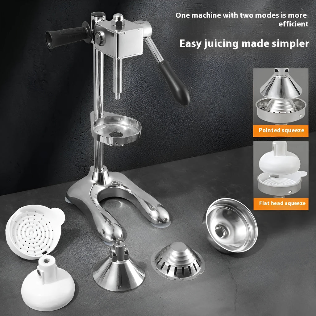 Vertical stainless steel manual citrus juicer with zinc alloy base in various colours and head types.
