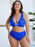 Blue floral pattern split bikini swimsuit for women in extended sizes 0XL to 4XL