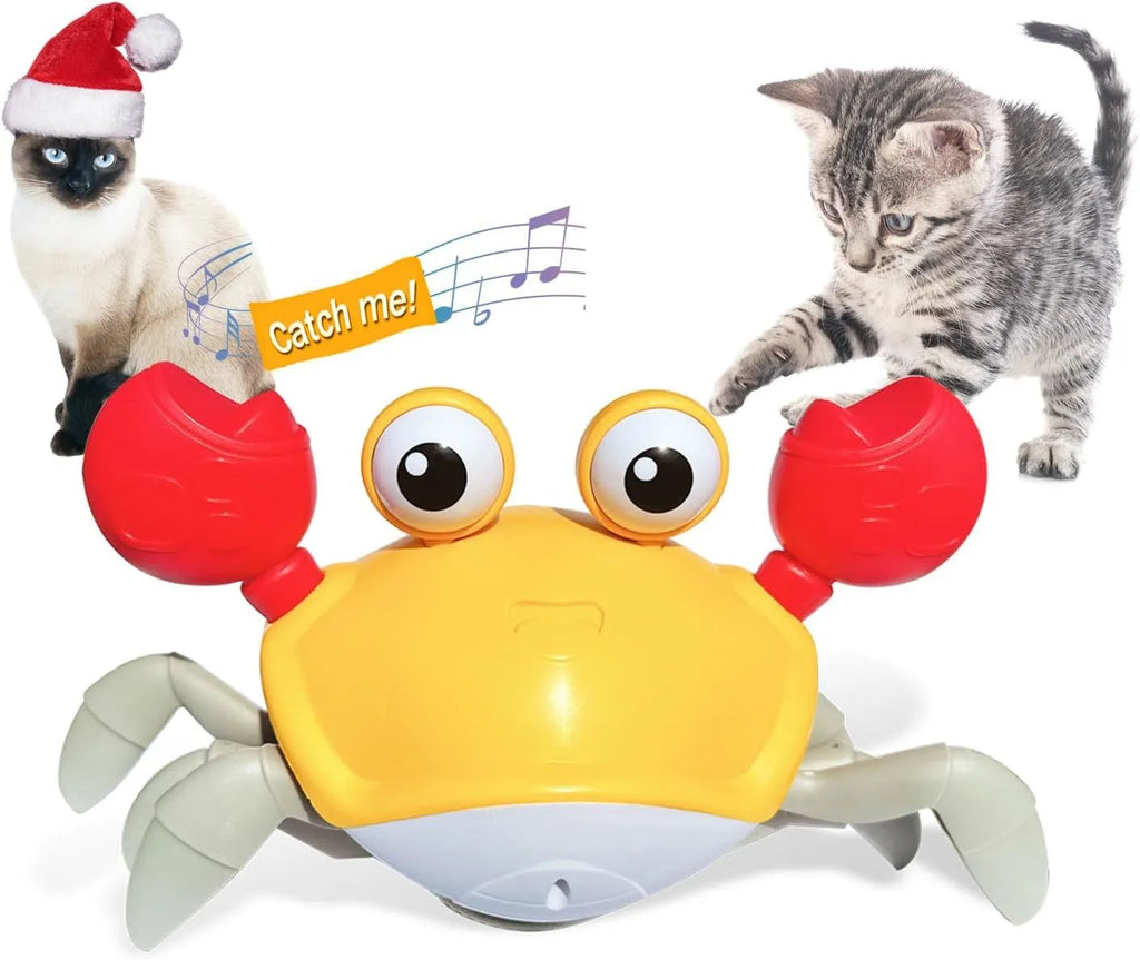Blue or red electronic crawling crab dog toy with lights, shown on a floor.