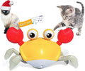 Blue or red electronic crawling crab dog toy with lights, shown on a floor.