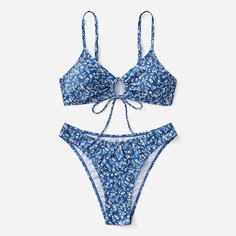 Blue polyester three-piece swimsuit set without steel rings, includes bikini top and shorts.