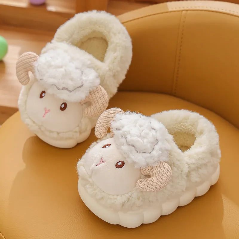 Children's fluffy cartoon slippers with plush upper and PVC sole in pink and beige