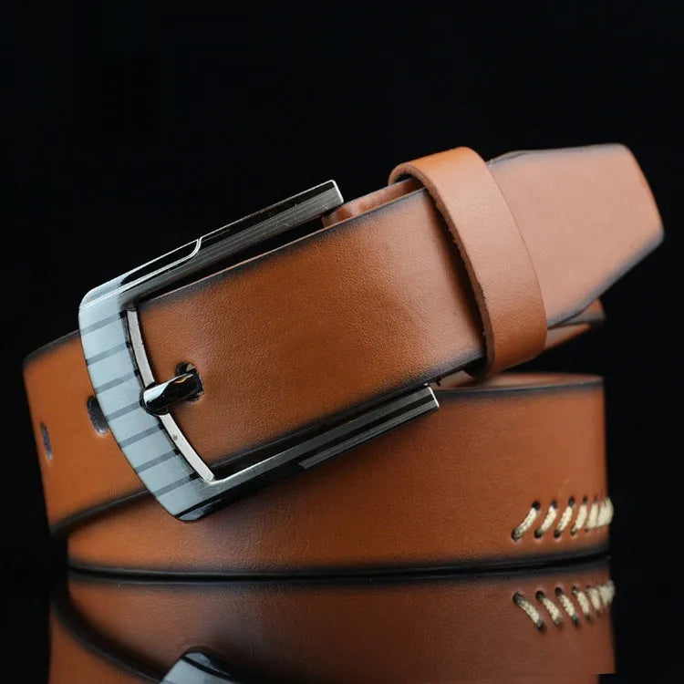 Men's threading pattern pin buckle belt in imitation leather with alloy buckle