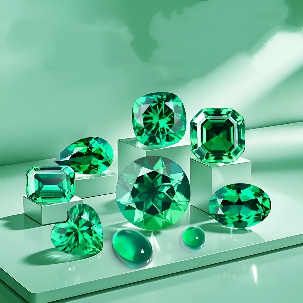 Selection of cultivated Columbia green emerald gemstones in various shapes and sizes on a white background.