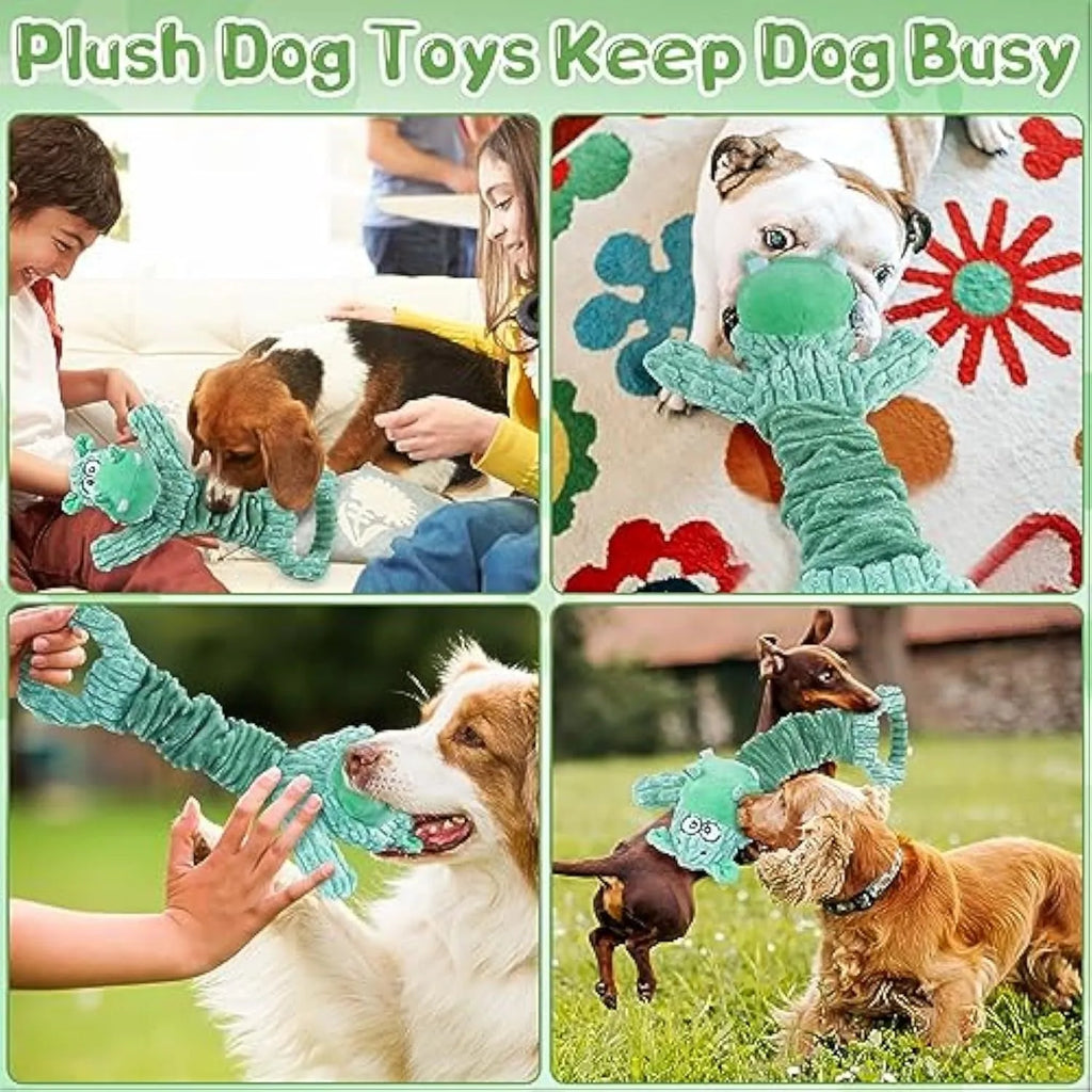 Large soft plush squeaky dog toy in animal design with a handle for tug of war.