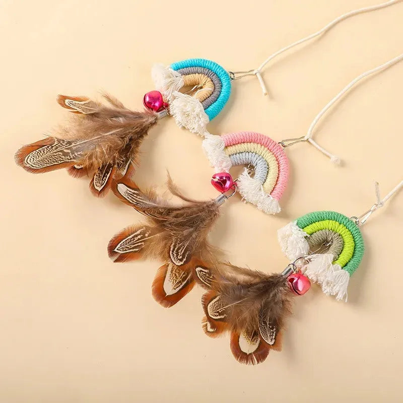 Feather cat rope toy with elastic door swing and sticky buckle clamp in blue, green, or pink colours