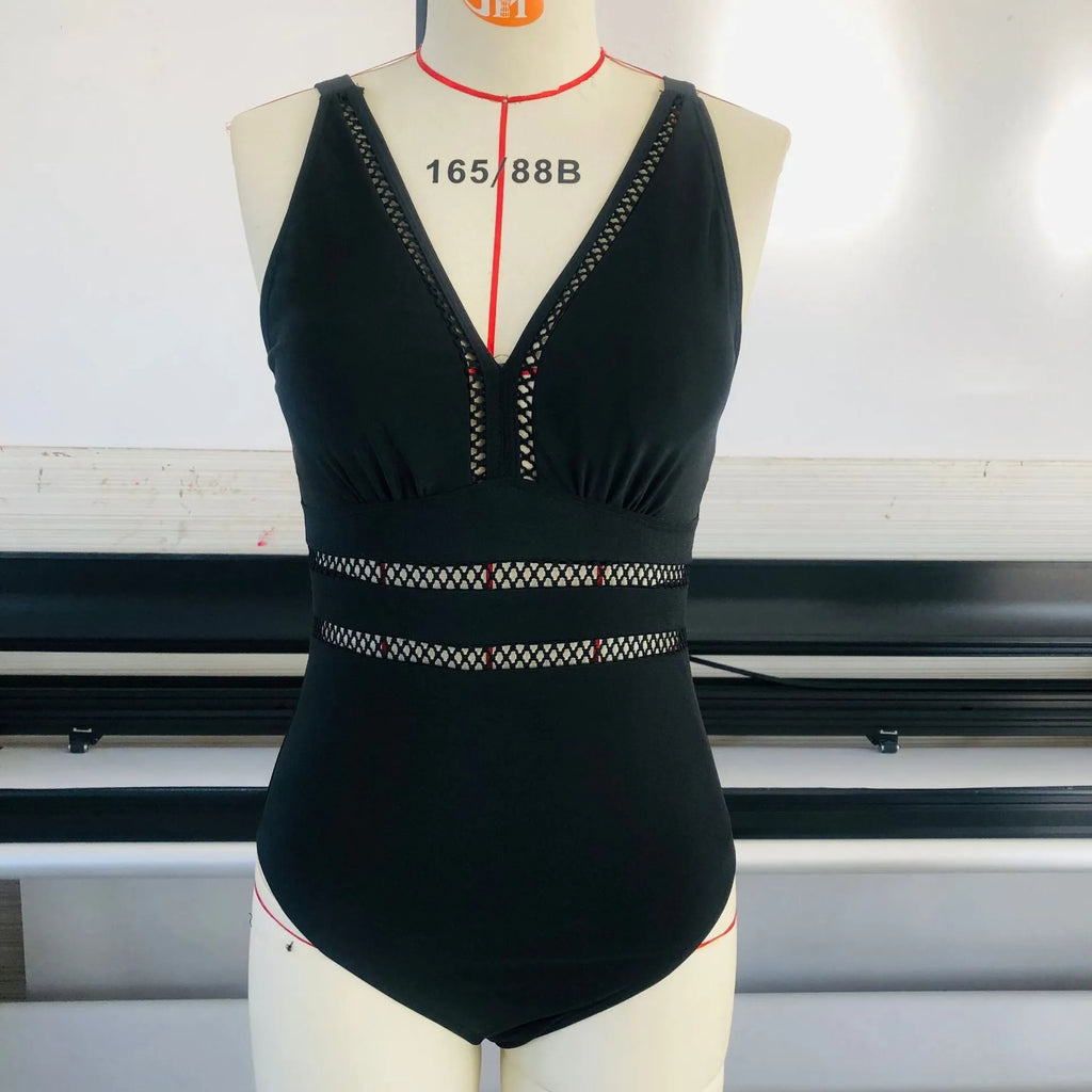 Women's plus size black printed siamese mesh bikini swimsuit sleeveless polyester swimming costume
