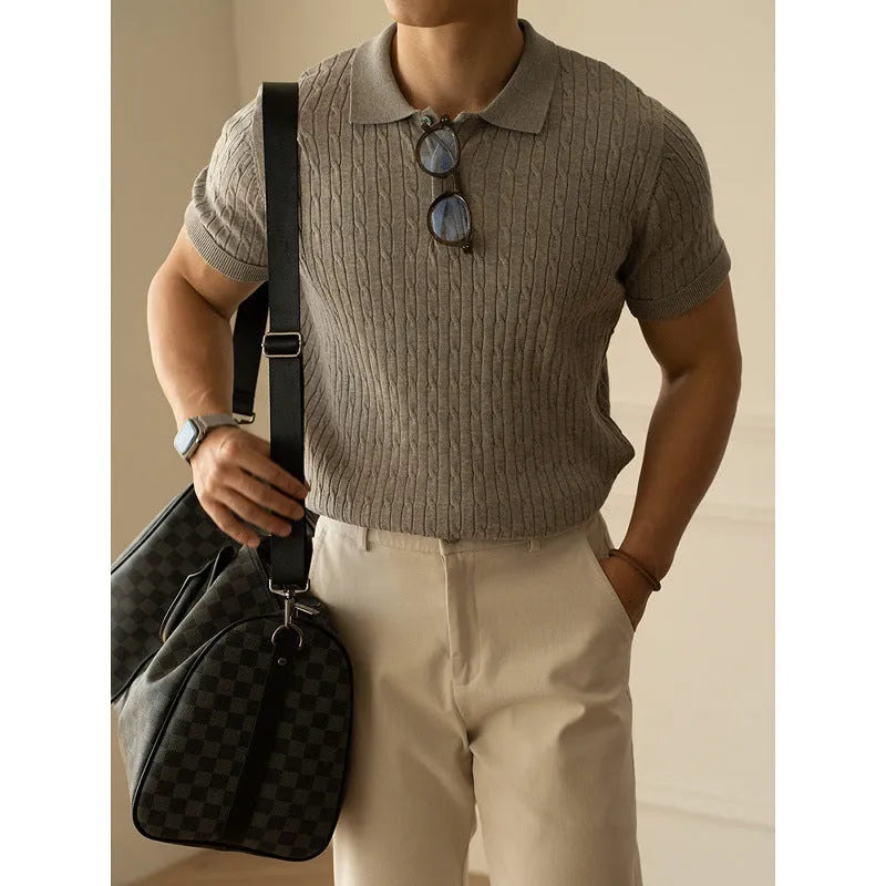 Men's business casual short sleeve top in khaki, black or white colours with Asian sizing information