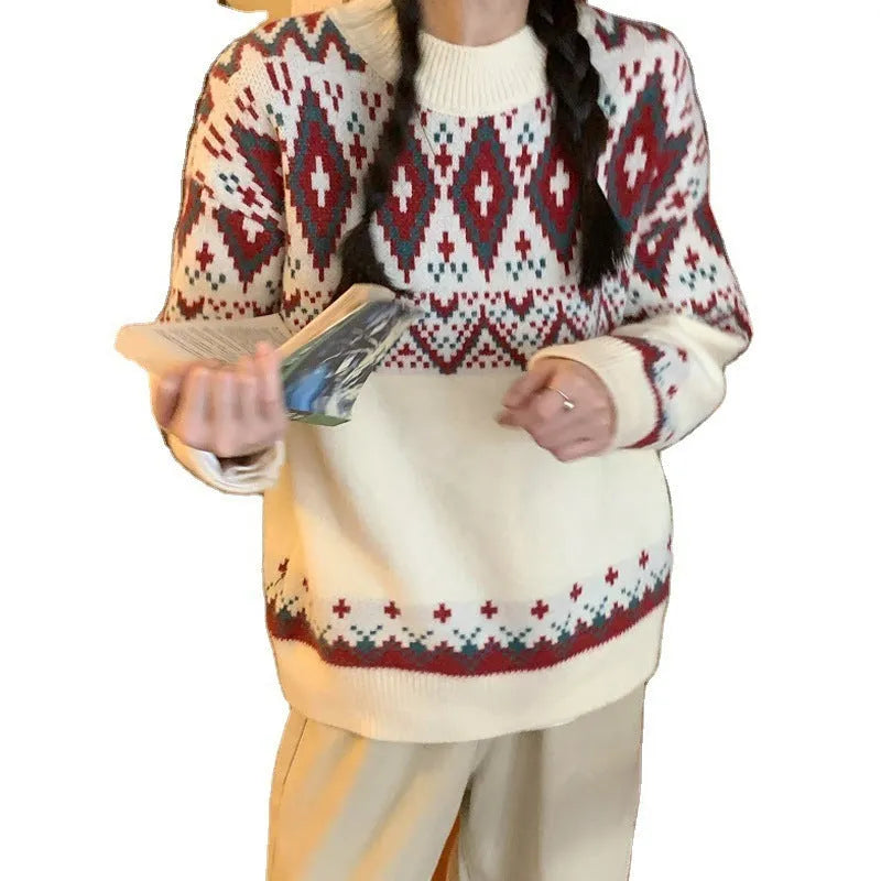 Loose retro pullover knitted top with stripe pattern in red colour