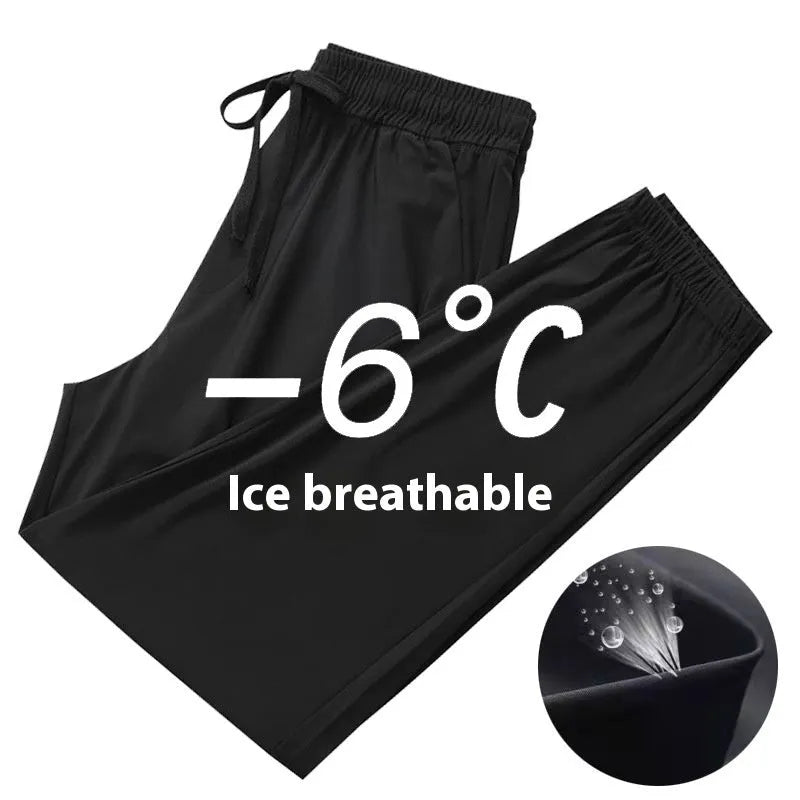 Men's black ice silk loose ankle-tied quick-dry pants for running and outdoor sports