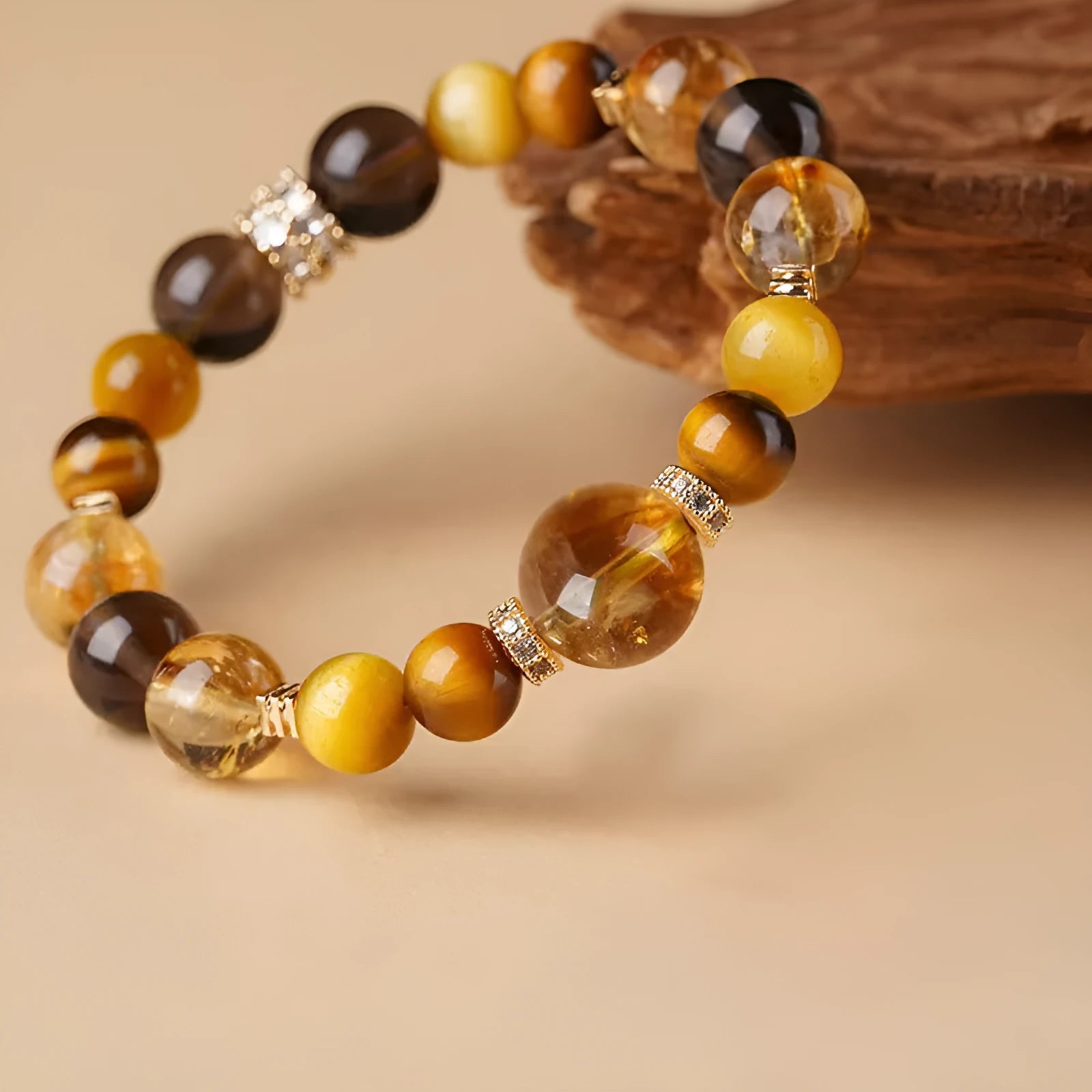 Lucky Jinba Tiger-eye crystal bracelet in natural yellow tower geometry design, shown in 10mm and 12mm sizes.