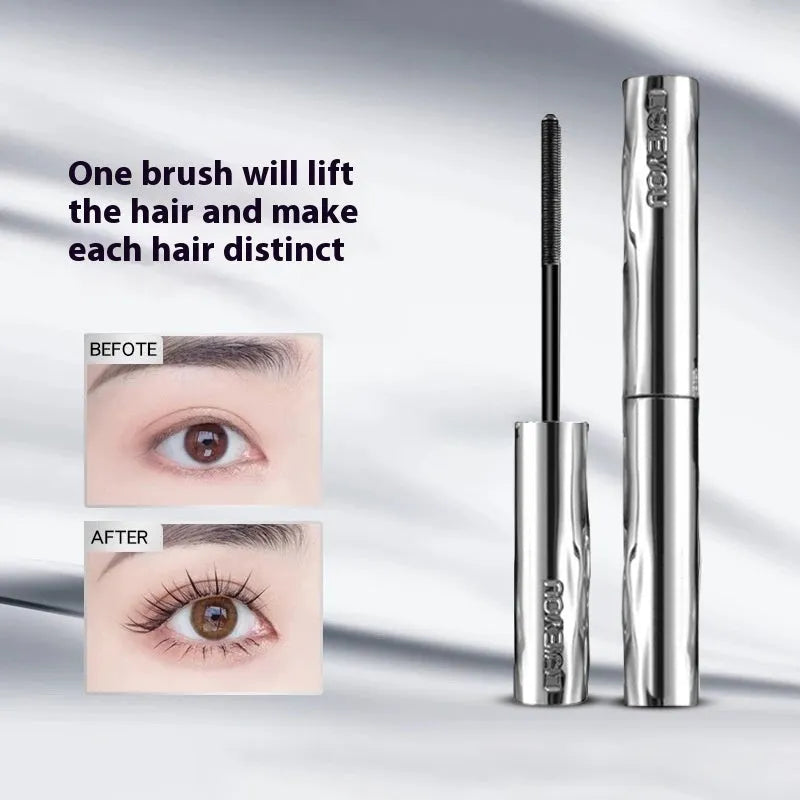 Waterproof black and brown steel tube mascara with optional eyelash curler accessory.