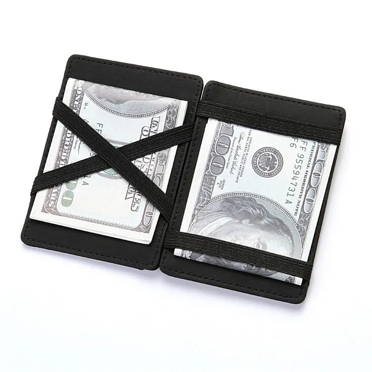 Short style PU leather magic flip wallet with zipper coin purse in black, blue, brown, light grey, or purple.
