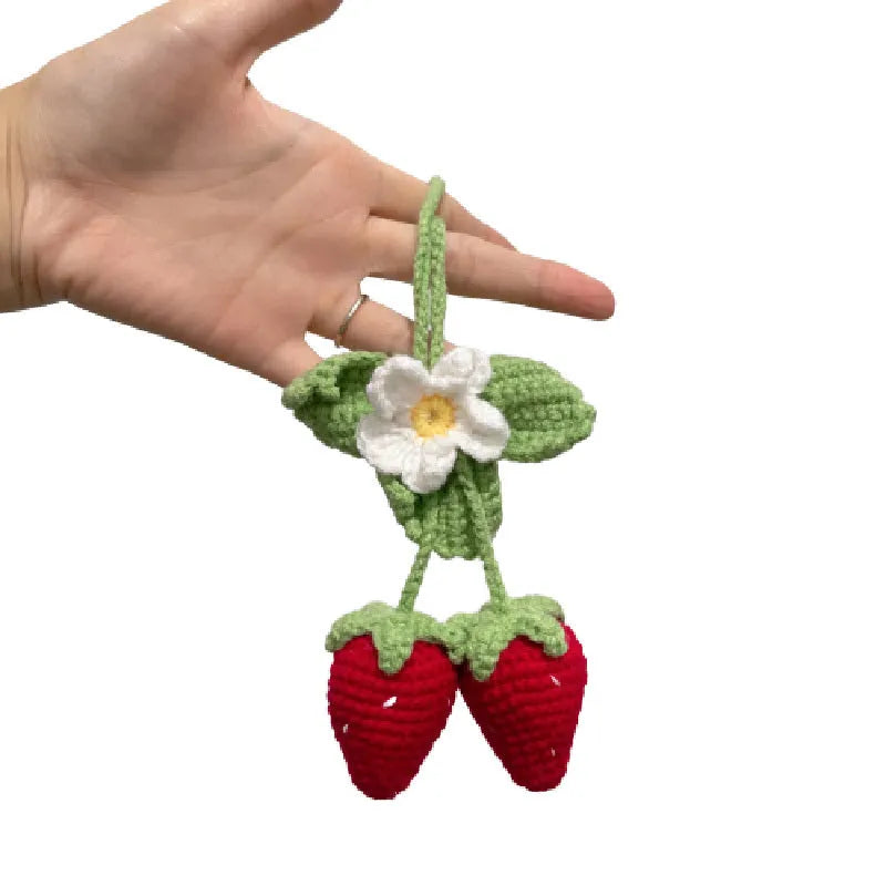 Handmade knitted strawberry car pendant decoration in cotton and hemp