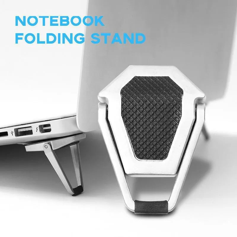 Silver aluminium folding laptop bracket showing compact 4.8cm x 3.5cm dimensions with adhesive backing