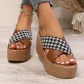 Cross leopard plaid wedge sandals with rubber soles in black or brown colour options