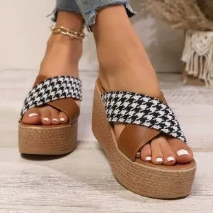 Cross leopard plaid wedge sandals with rubber soles in black or brown colour options