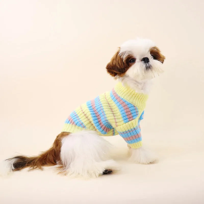 Blue and yellow striped wool dog sweater for small breeds on size chart