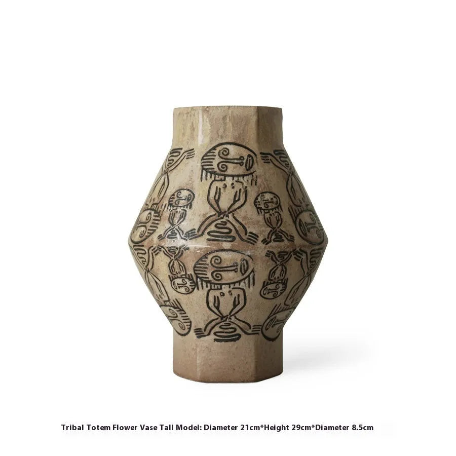 Hand-painted ceramic cylindrical vase with vintage carved art design in tribal totem flower colours