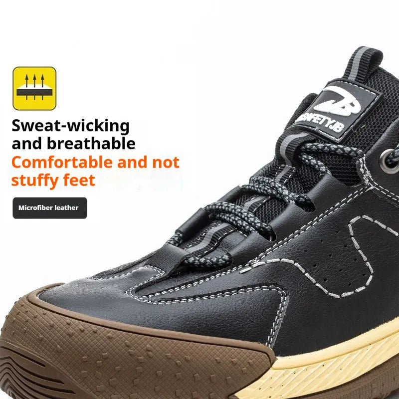 Flyknit leather work shoes with a rubber sole in black, shown on a size 42 foot.