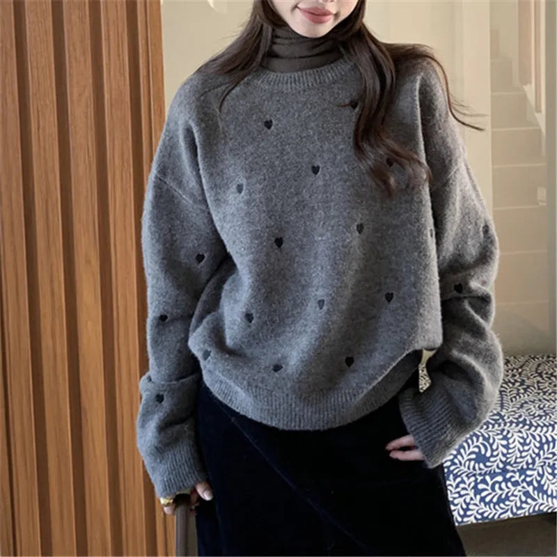 Beige women's acrylic pullover sweater with embroidered love pattern and loose fit