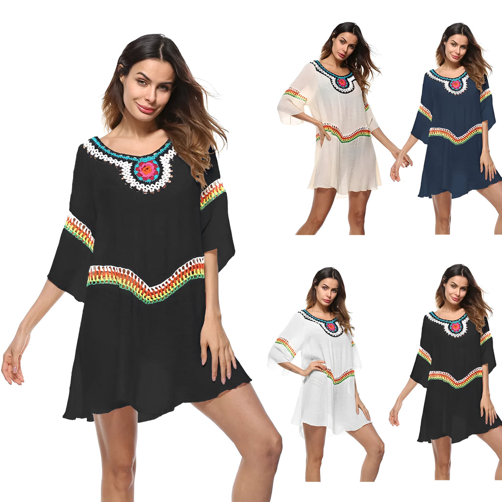 Women's crocheted polyester beach cover-up in apricot colour, shown as a sun protection top for swimming.
