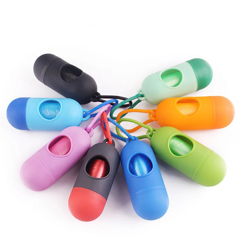 Small rectangular dog poop bag holder with a Velcro strap and metal hook, shown in a choice of colours.