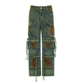 Loose-fit denim cargo trousers with gradient colour multi-pockets in a retro street style.