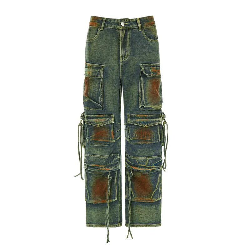 Loose-fit denim cargo trousers with gradient colour multi-pockets in a retro street style.