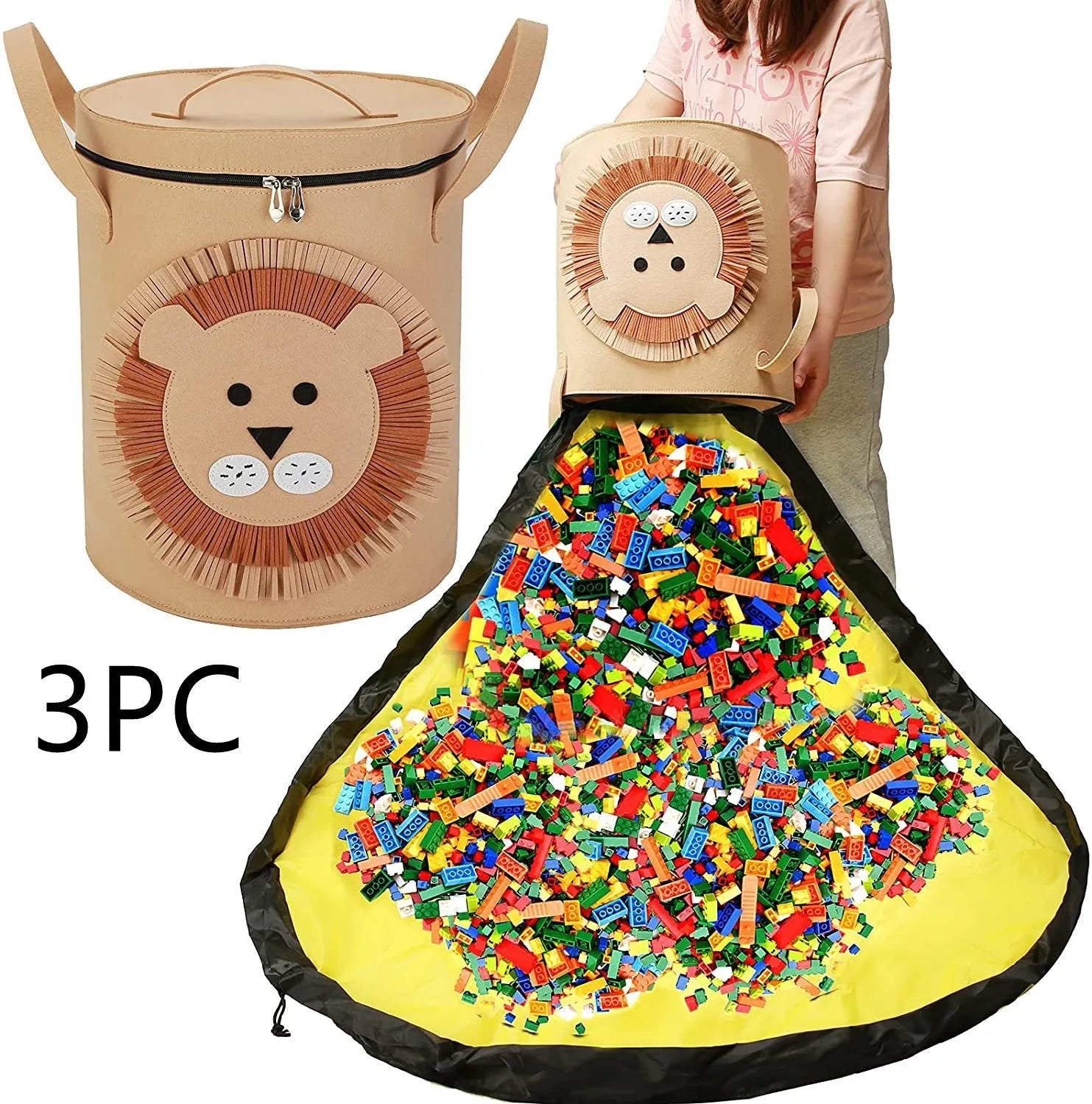 Green felt cube storage bag with pull rope, shown both as a closed bag and flattened as a play mat.