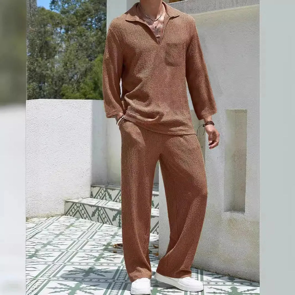 Men's casual polyester shirt and trousers commuter suit in four colour options for autumn leisure wear