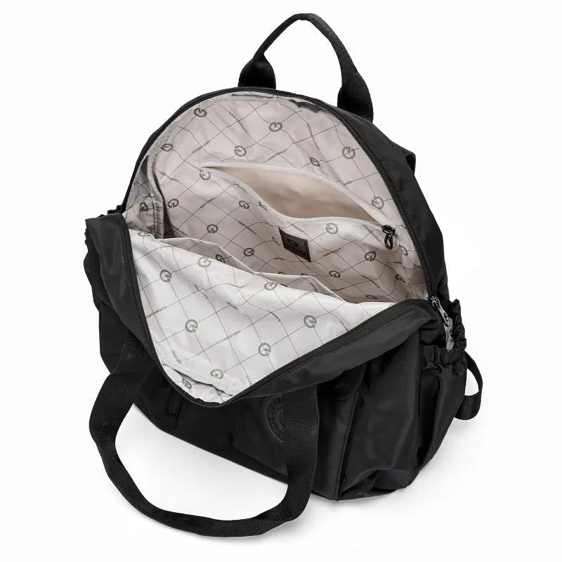 Outdoor backpack for women with sandwich pockets showing black, khaki and green colour options