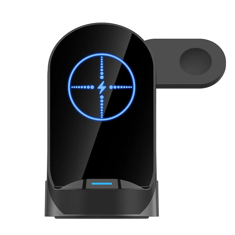 Black foldable 3-in-1 wireless charging stand showing phone, watch and earbuds case charging simultaneously.