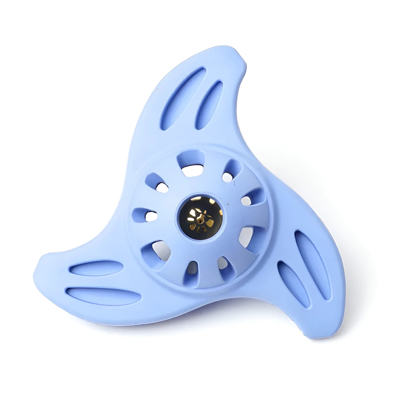 Blue bite-resistant boomerang chew toy for medium and large breed dogs on a plain background