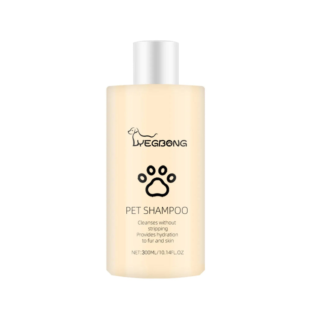 Bottle of mild pet shampoo for dogs to soften fur and reduce tangles
