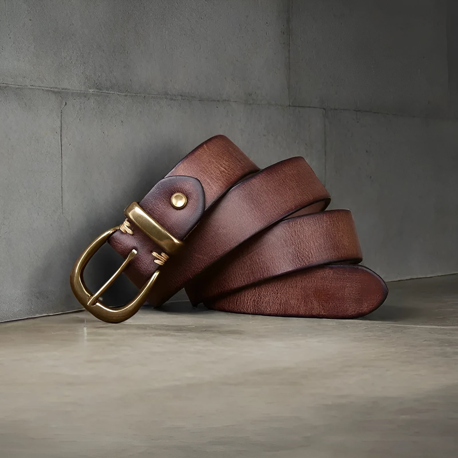 Men's cattlehide leather casual belt with copper buckle in black, brown and khaki colours