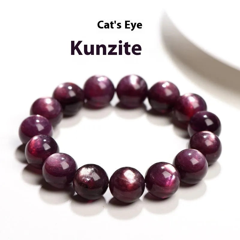 Purple lepidolite crystal bracelet showing polished round beads on adjustable string in natural lighting
