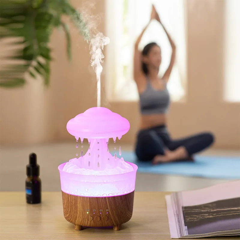 Wood grain white cloud-shaped humidifier with coloured LED lights and gentle mist emission
