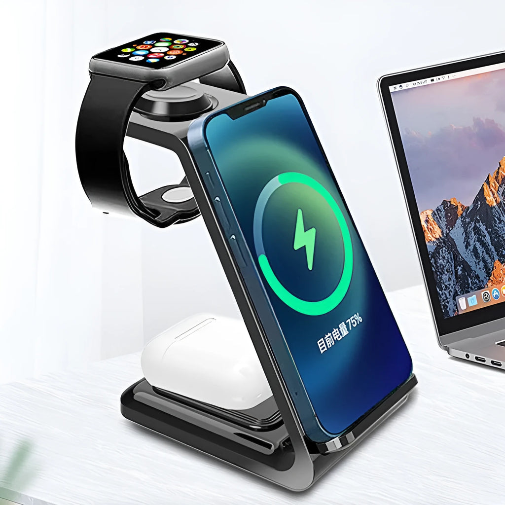 White upright wireless charging phone holder with Type-C cable on desk