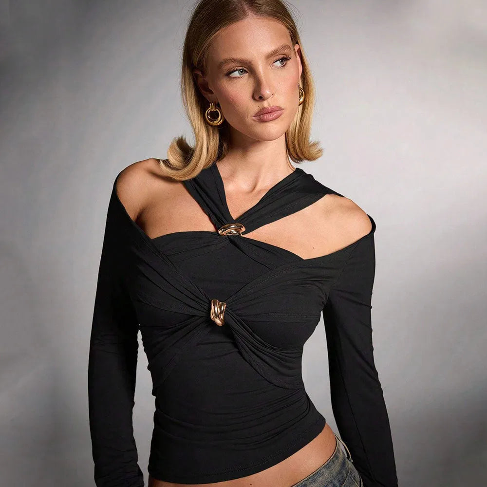Black women's halter neck slim fit top with shoulder-baring design
