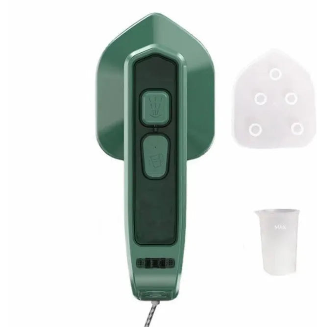 Dark green portable hanging steam iron with ceramic panel, compact design for travel garment care