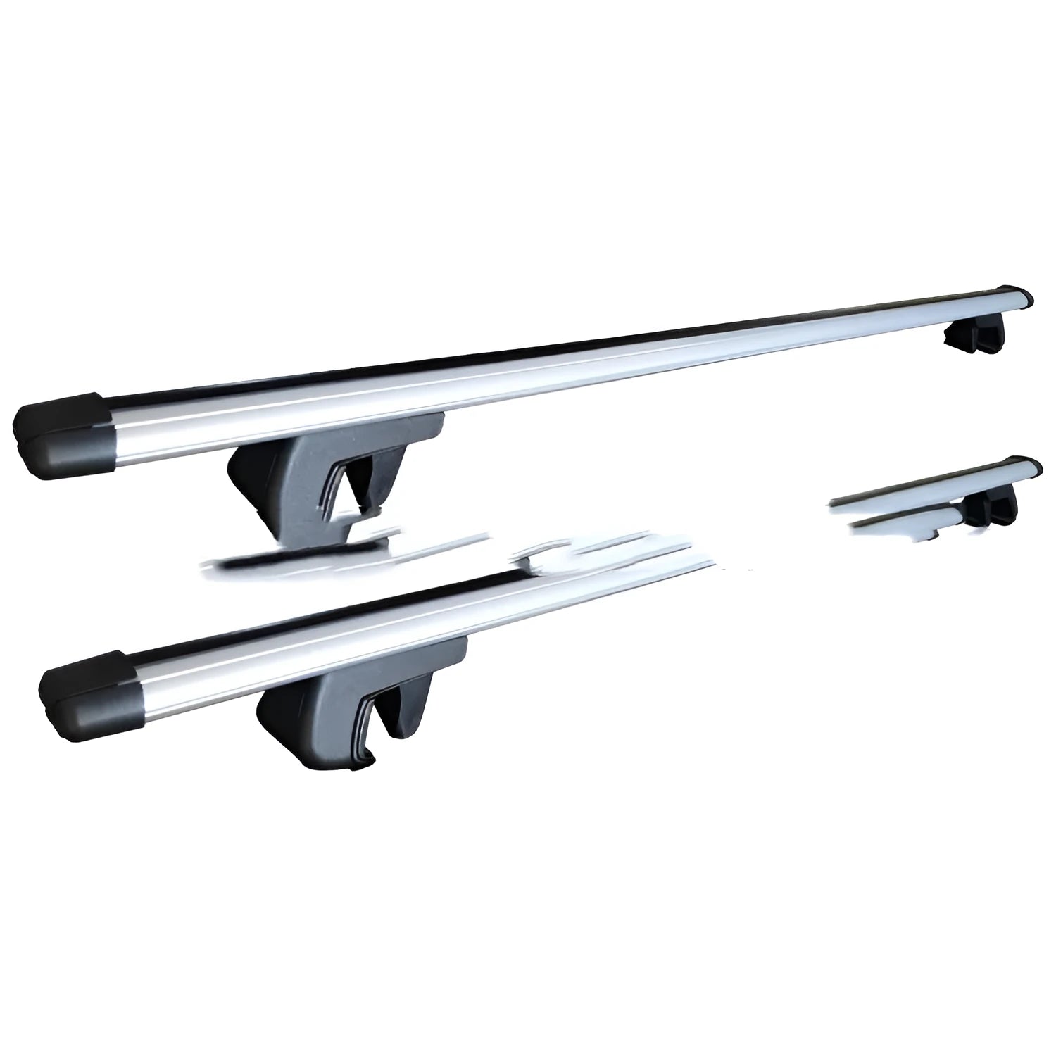 Alloy roof rack crossbars for a General Motors SUV, shown adjusted to length.
